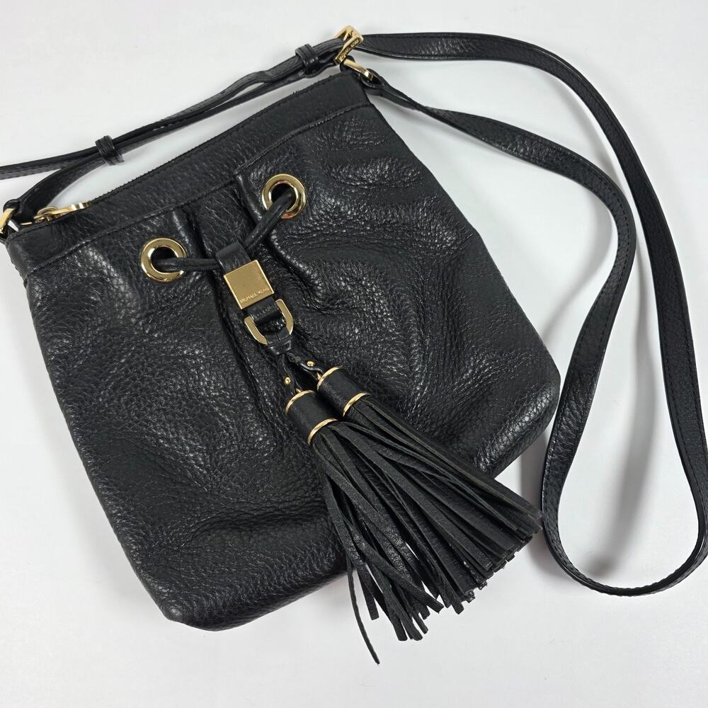 Michael Kors Black Pebbled Leather Small Crossbody Purse Gold Hardware Tassel